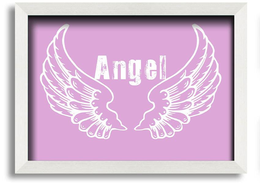 Framed print of delicate pink angel wings, elegantly designed and ready to hang.