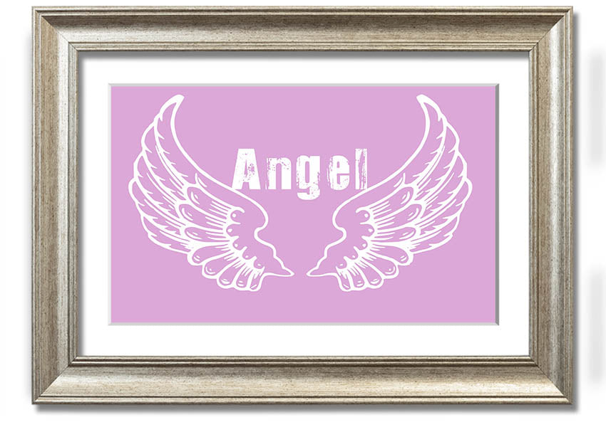 Framed print of delicate pink angel wings, elegantly designed and ready to hang.