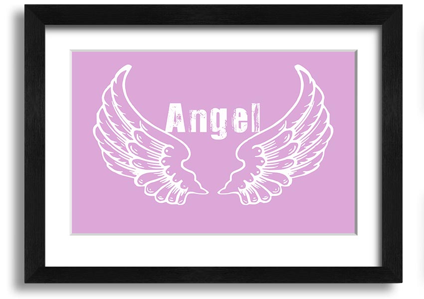 Framed print of delicate pink angel wings, elegantly designed and ready to hang.