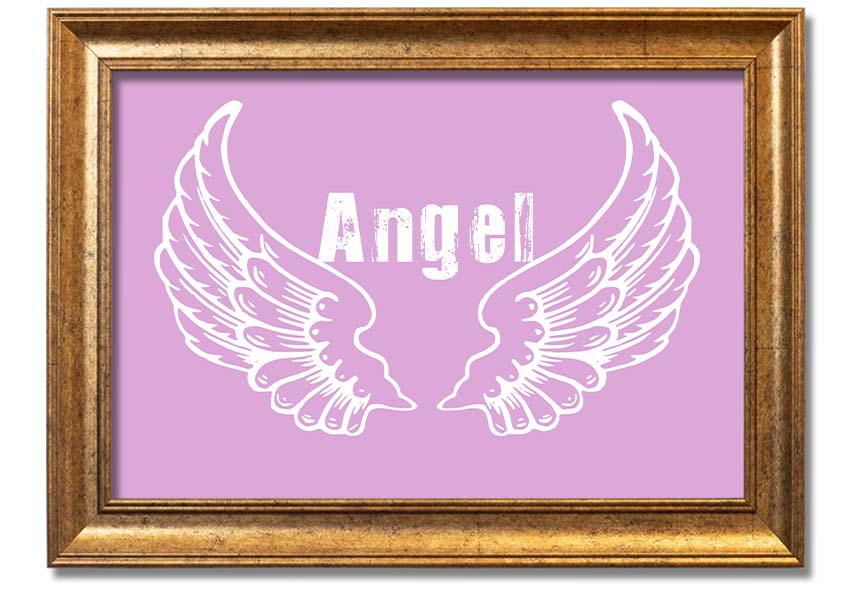 Framed print of delicate pink angel wings, elegantly designed and ready to hang.