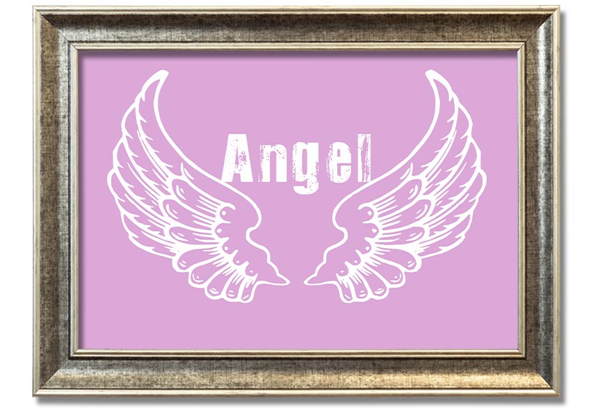 Framed print of delicate pink angel wings, elegantly designed and ready to hang.