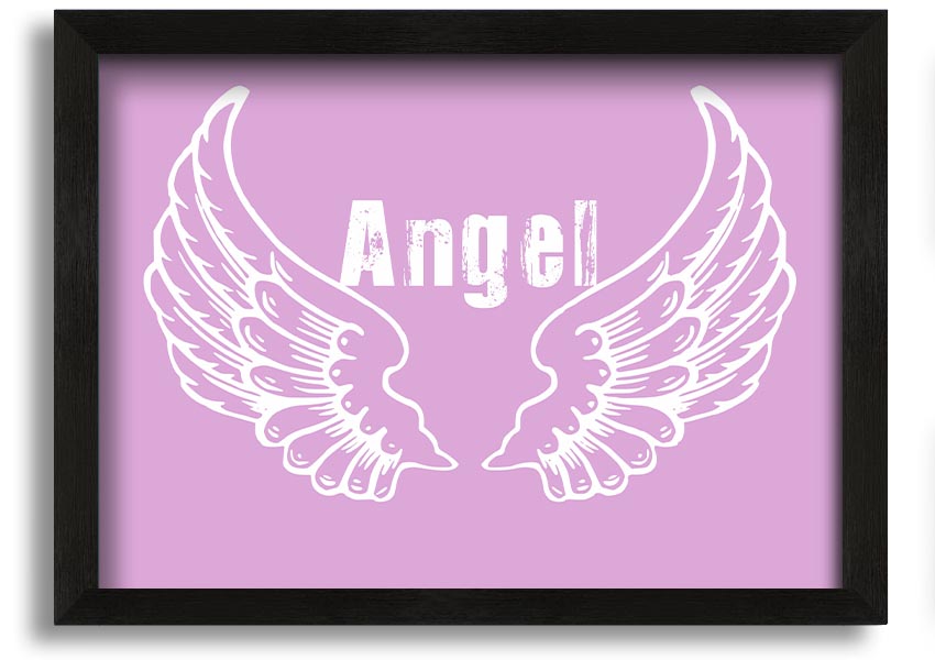 Framed print of delicate pink angel wings, elegantly designed and ready to hang.