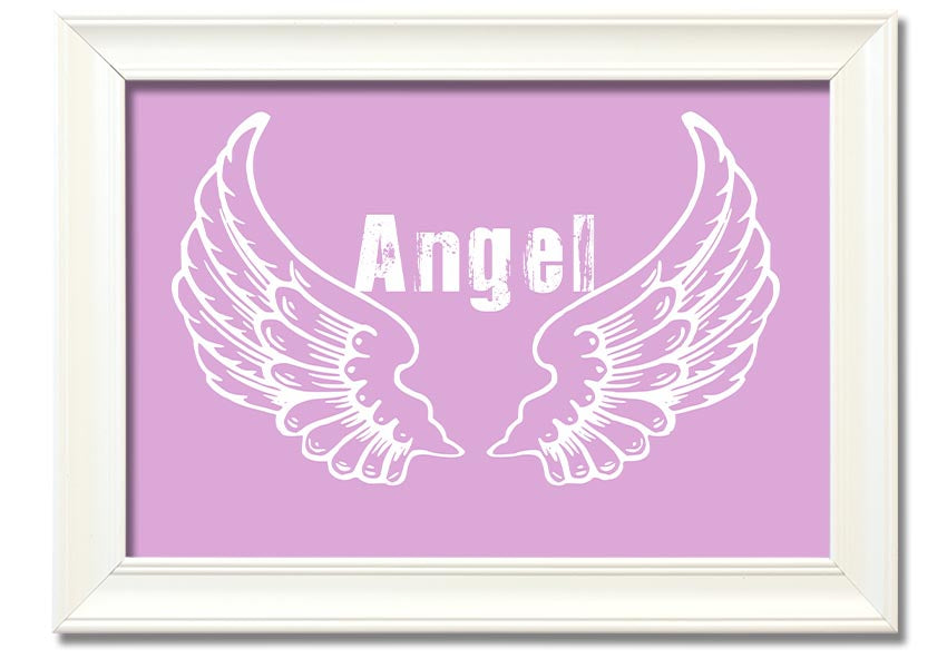 Framed print of delicate pink angel wings, elegantly designed and ready to hang.