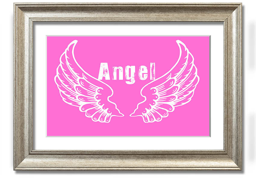 Framed print of vivid pink angel wings, elegantly designed and ready to hang.