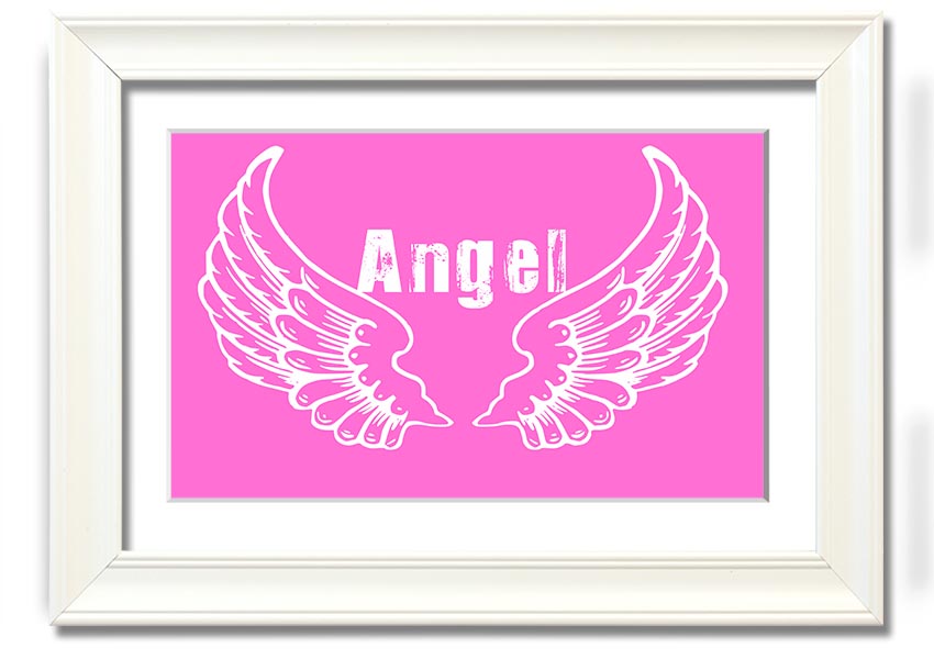 Framed print of vivid pink angel wings, elegantly designed and ready to hang.