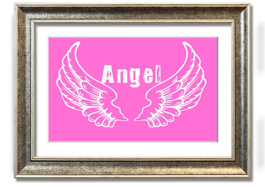 Framed print of vivid pink angel wings, elegantly designed and ready to hang.