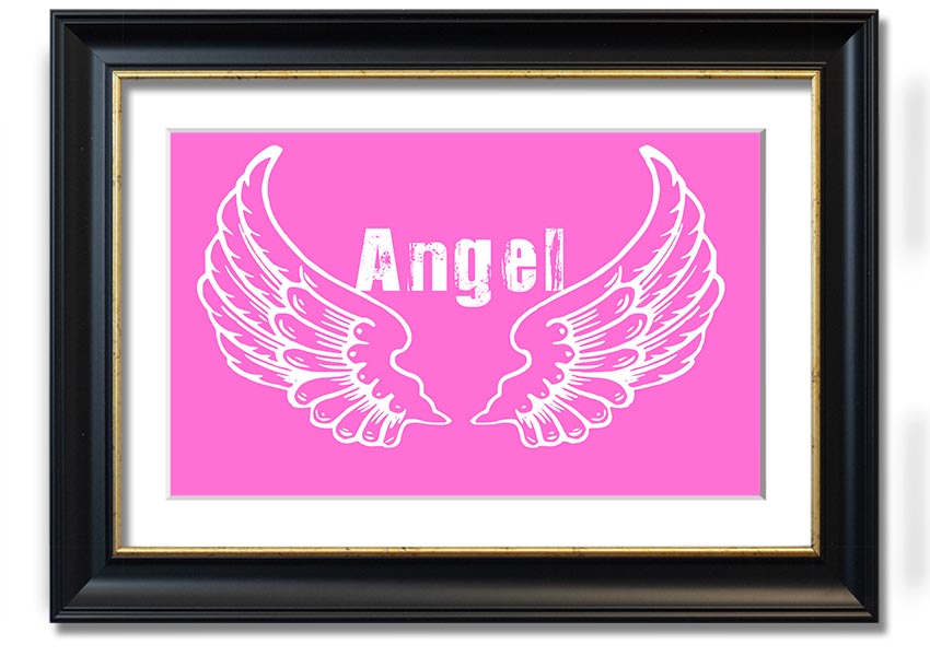 Framed print of vivid pink angel wings, elegantly designed and ready to hang.