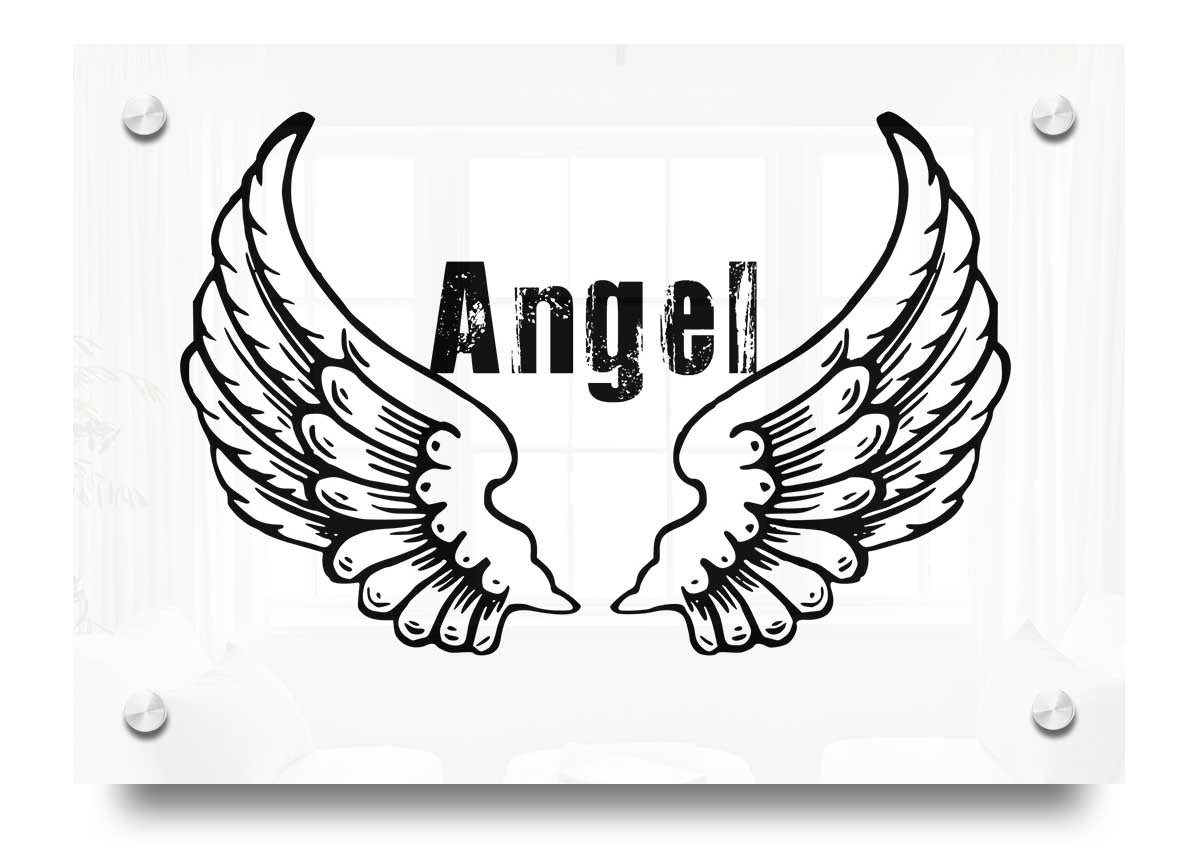 Angel Wings 2 White acrylic print showcasing intricate wing design on 5mm thick acrylic glass, ready to hang.