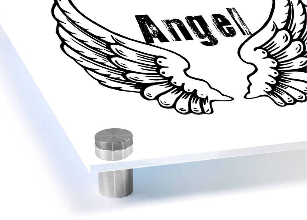 Angel Wings 2 White acrylic print showcasing intricate wing design on 5mm thick acrylic glass, ready to hang.