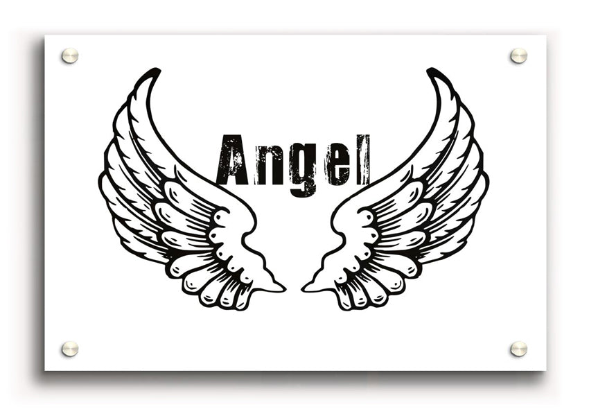 Angel Wings 2 White acrylic print showcasing intricate wing design on 5mm thick acrylic glass, ready to hang.