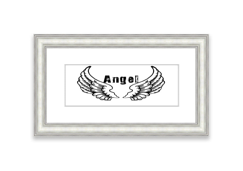 Framed print of Angel Wings 2 White, showcasing delicate wings design in a stylish frame, ready to hang.