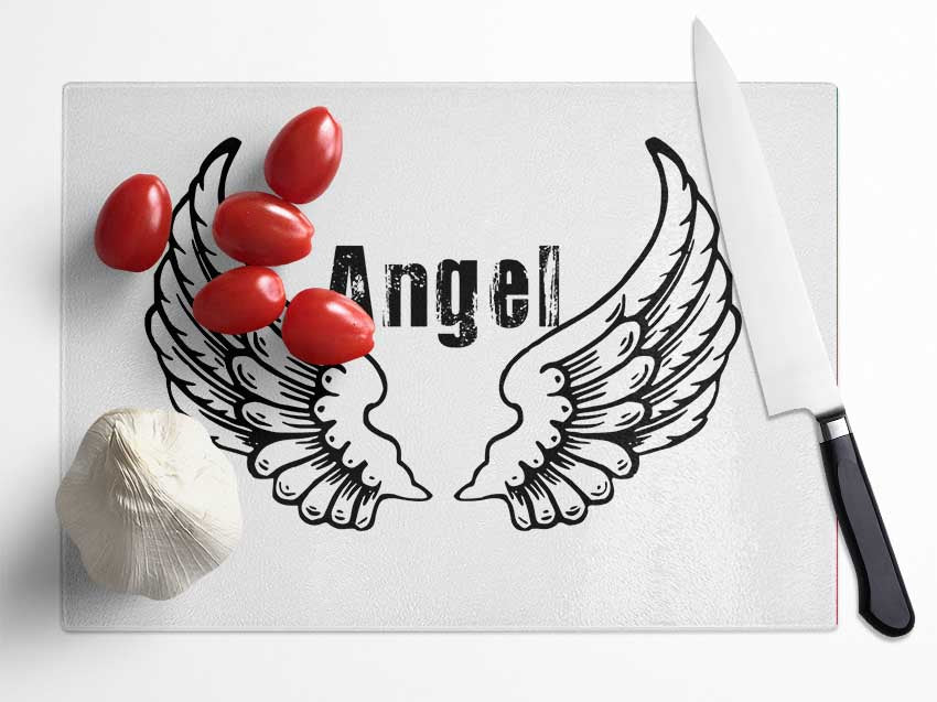 Angel Wings 2 White chopping board made from tempered glass with a chinchilla ripple effect and anti-slip feet.