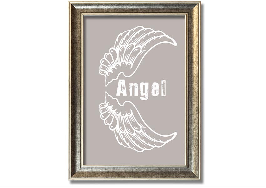 Angel Wings 3 Beige framed print showcasing elegant angel wings design in a neutral beige color, ready to hang.