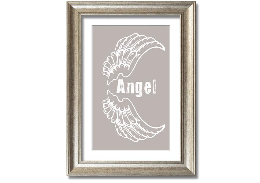 Angel Wings 3 Beige framed print showcasing elegant angel wings design in a neutral beige color, ready to hang.