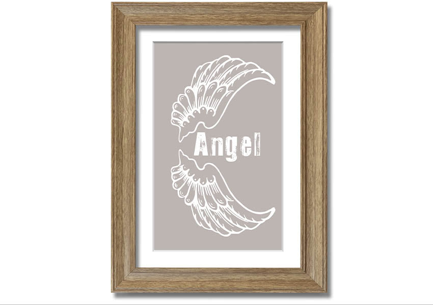 Angel Wings 3 Beige framed print showcasing elegant angel wings design in a neutral beige color, ready to hang.