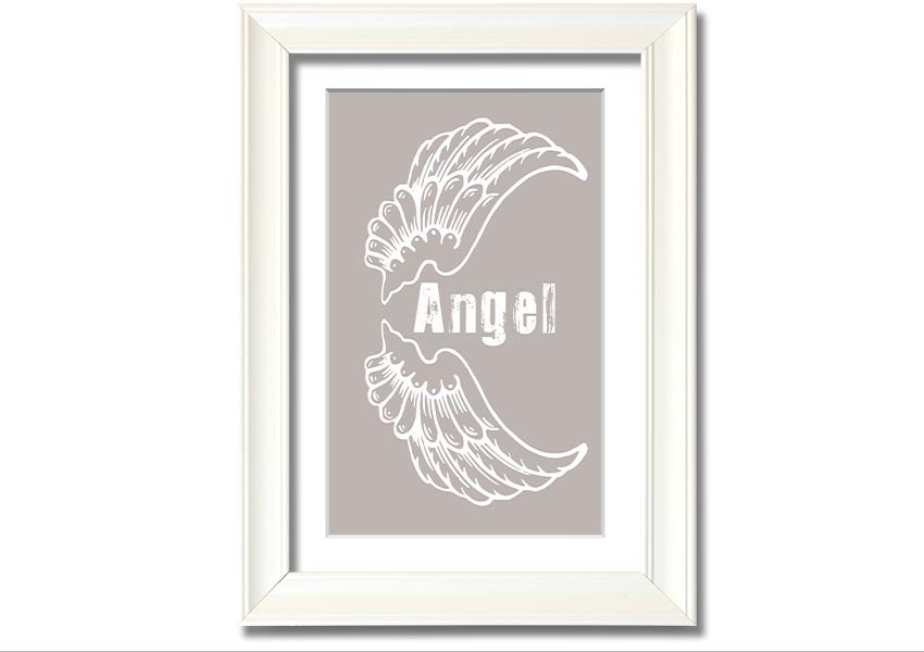 Angel Wings 3 Beige framed print showcasing elegant angel wings design in a neutral beige color, ready to hang.