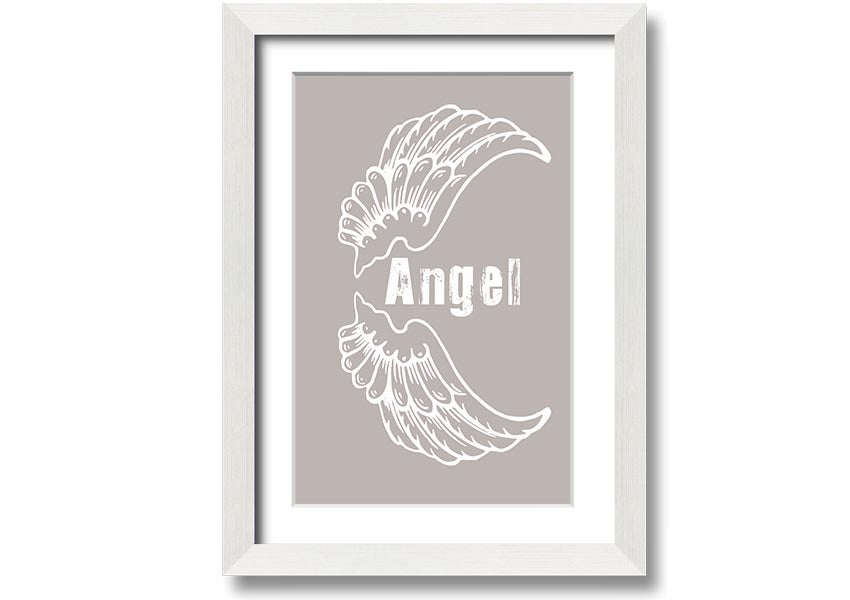 Angel Wings 3 Beige framed print showcasing elegant angel wings design in a neutral beige color, ready to hang.