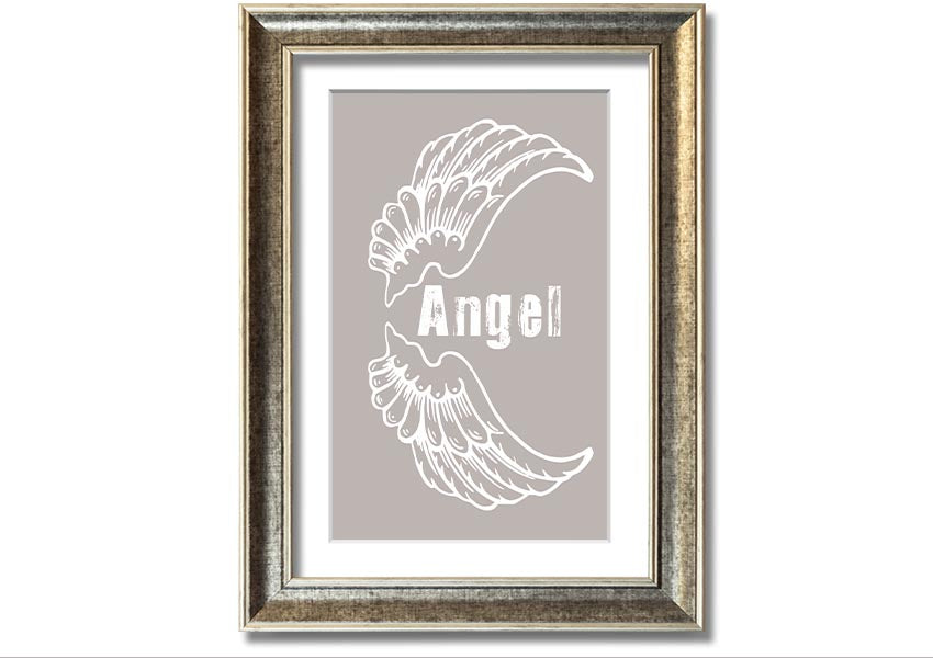 Angel Wings 3 Beige framed print showcasing elegant angel wings design in a neutral beige color, ready to hang.