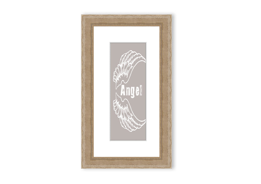 Angel Wings 3 Beige framed print showcasing elegant angel wings design in soft beige tones, ready to hang.