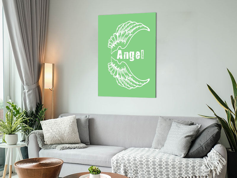 Angel Wings 3 Green artwork printed on brushed aluminium dibond, showcasing vibrant green hues and modern design.