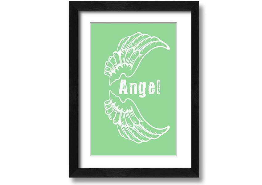 Angel Wings 3 Green framed print showcasing delicate green angel wings design, ready to hang.