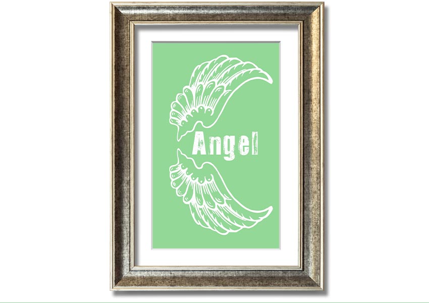 Angel Wings 3 Green framed print showcasing delicate green angel wings design, ready to hang.