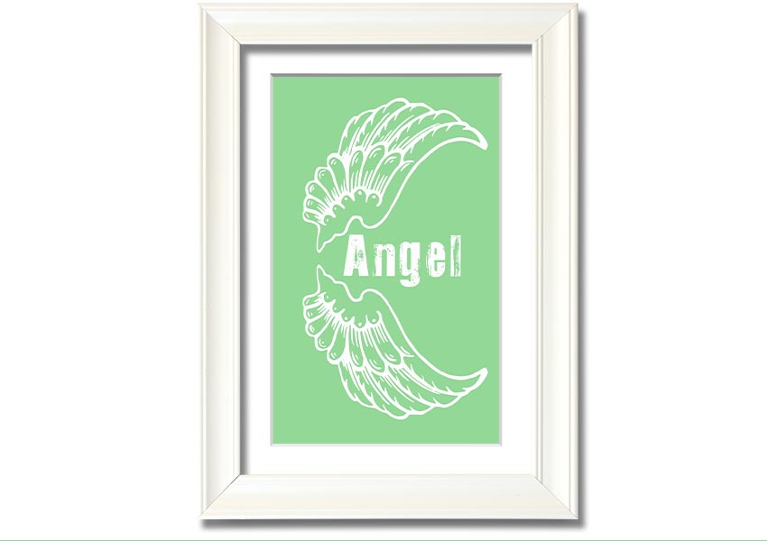 Angel Wings 3 Green framed print showcasing delicate green angel wings design, ready to hang.