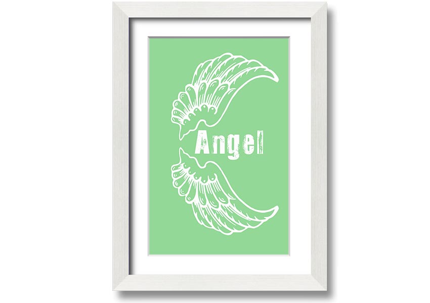 Angel Wings 3 Green framed print showcasing delicate green angel wings design, ready to hang.