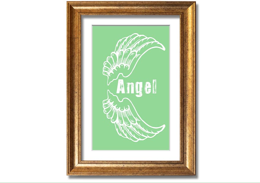 Angel Wings 3 Green framed print showcasing delicate green angel wings design, ready to hang.