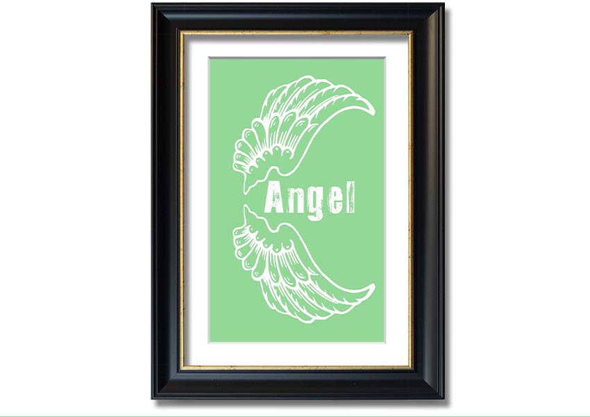 Angel Wings 3 Green framed print showcasing delicate green angel wings design, ready to hang.