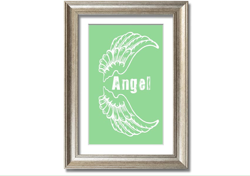 Angel Wings 3 Green framed print showcasing delicate green angel wings design, ready to hang.