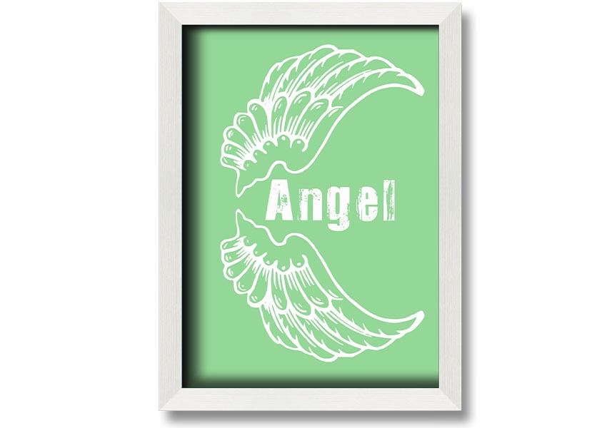 Angel Wings 3 Green framed print showcasing delicate green angel wings design, ready to hang.