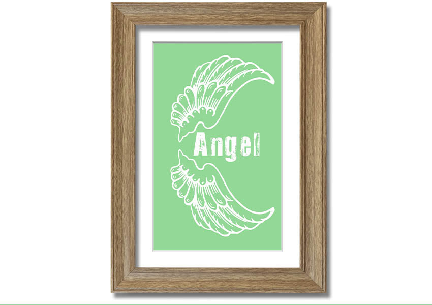 Angel Wings 3 Green framed print showcasing delicate green angel wings design, ready to hang.