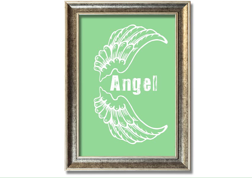 Angel Wings 3 Green framed print showcasing delicate green angel wings design, ready to hang.