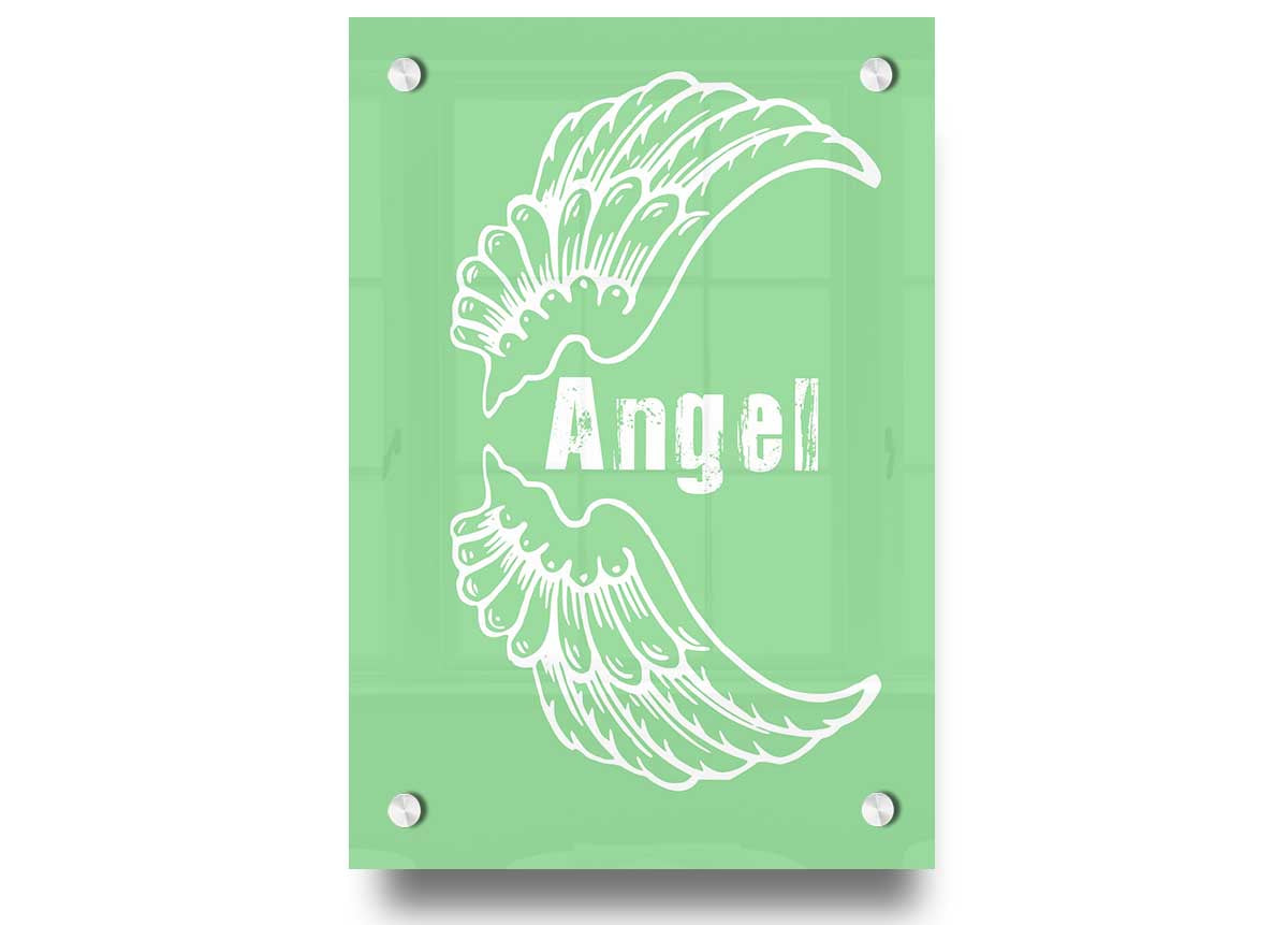 Angel Wings 3 Green acrylic print featuring vibrant green wings on a clear background, ready to hang.