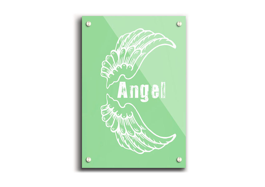 Angel Wings 3 Green acrylic print featuring vibrant green wings on a clear background, ready to hang.