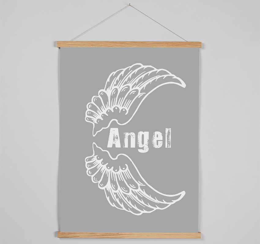 Angel Wings 3 Grey White wooden poster hangers showcasing a minimalist design with magnetic fastening, ideal for displaying art prints.