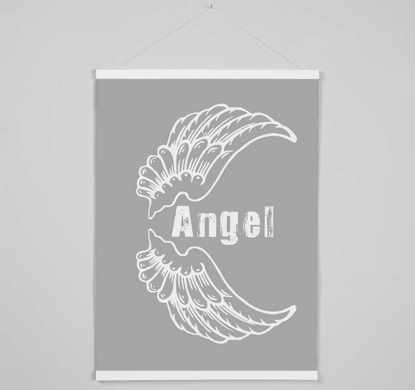 Angel Wings 3 Grey White wooden poster hangers showcasing a minimalist design with magnetic fastening, ideal for displaying art prints.