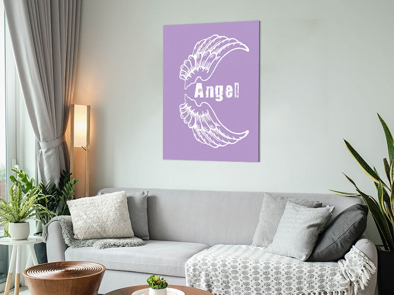 Angel Wings 3 Lilac artwork printed on brushed aluminium dibond, featuring vibrant lilac colors and a modern design.