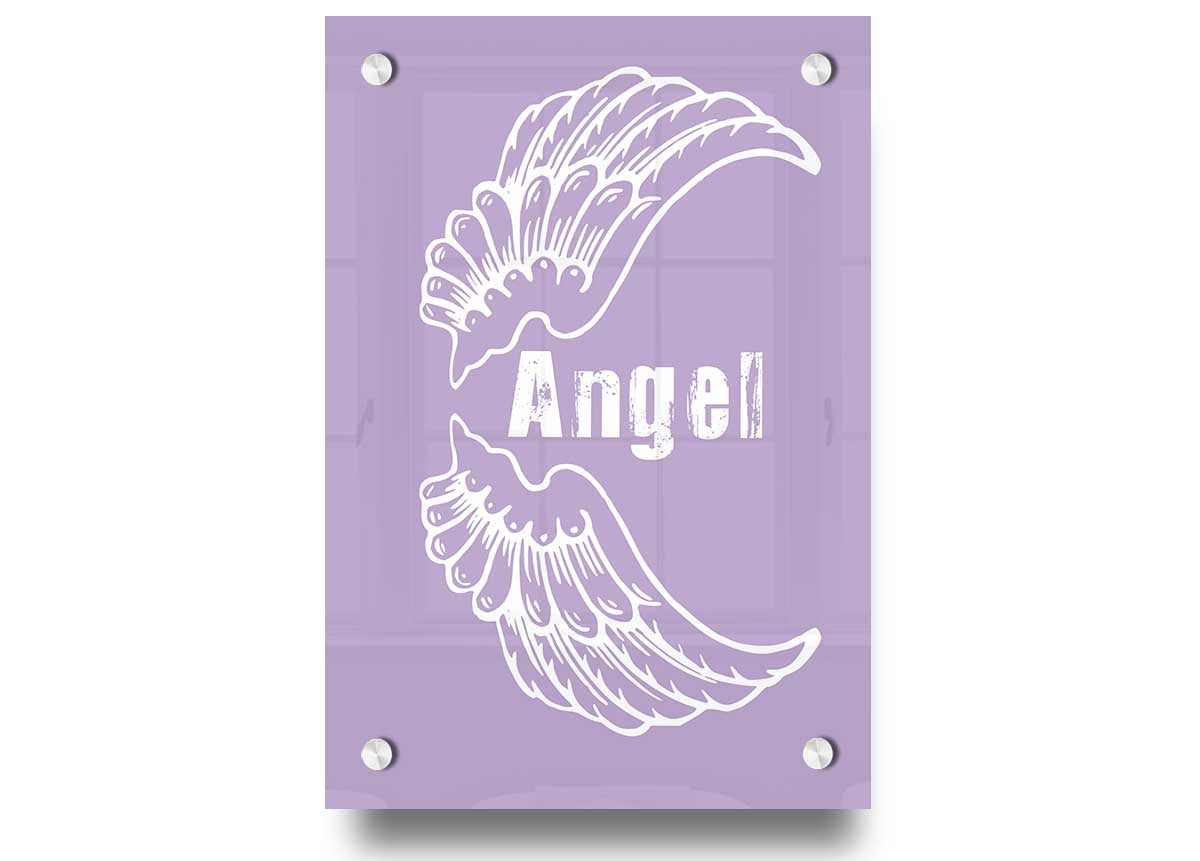 Angel Wings 3 Lilac acrylic print featuring delicate lilac angel wings on a clear acrylic background, ready to hang.