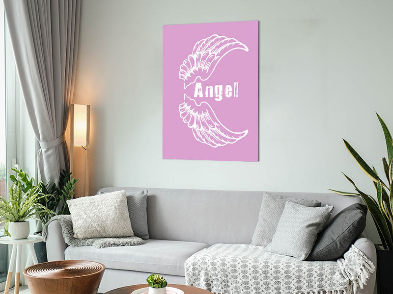 Angel Wings 3 Pink artwork printed on brushed aluminium dibond, featuring delicate pink wings against a sleek background.