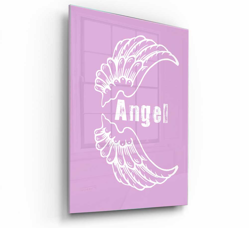 A modern glass art print featuring elegant pink angel wings, perfect for home decor.