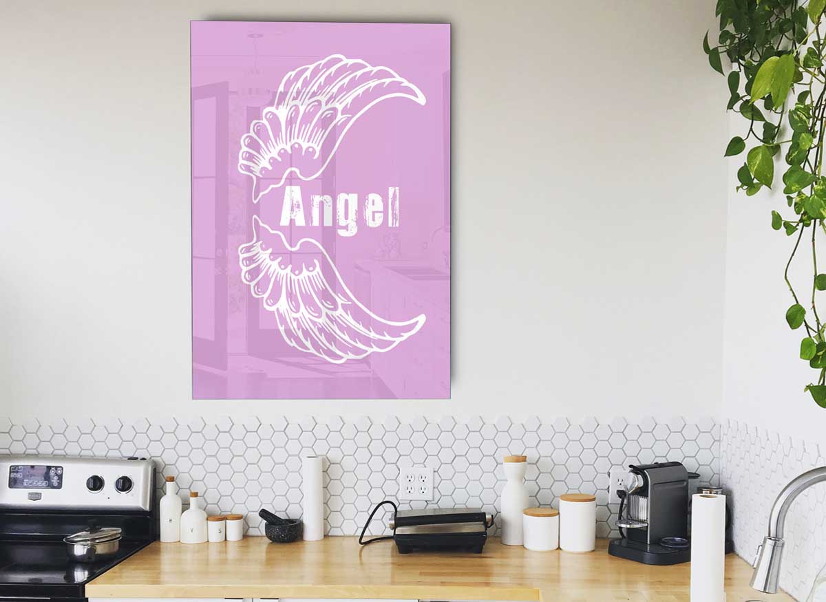 A modern glass art print featuring elegant pink angel wings, perfect for home decor.