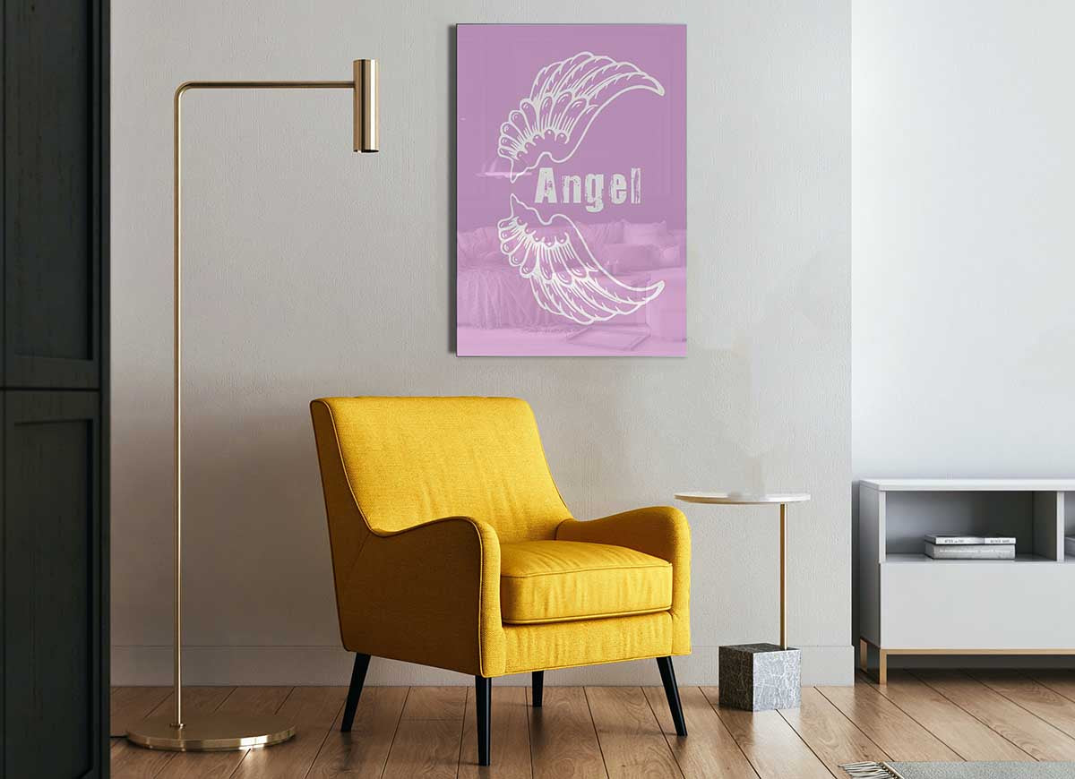 A modern glass art print featuring elegant pink angel wings, perfect for home decor.