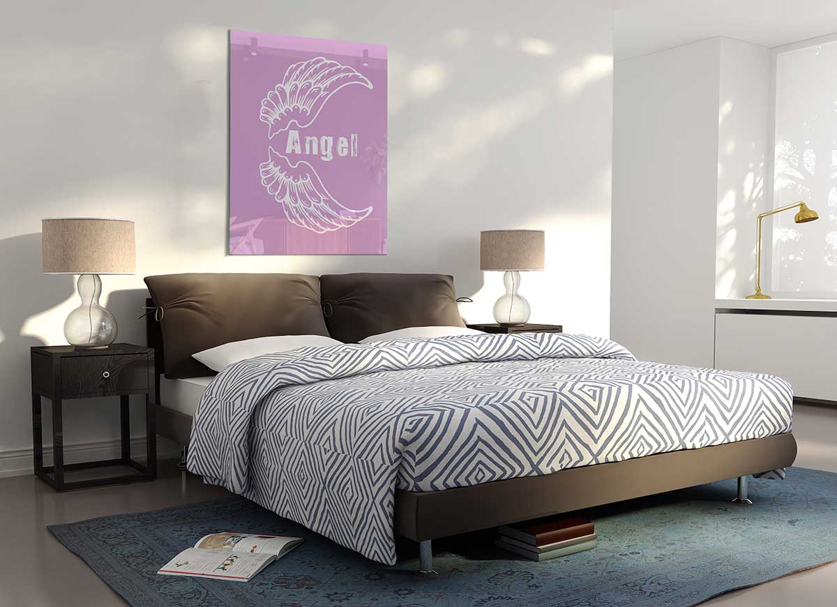 A modern glass art print featuring elegant pink angel wings, perfect for home decor.