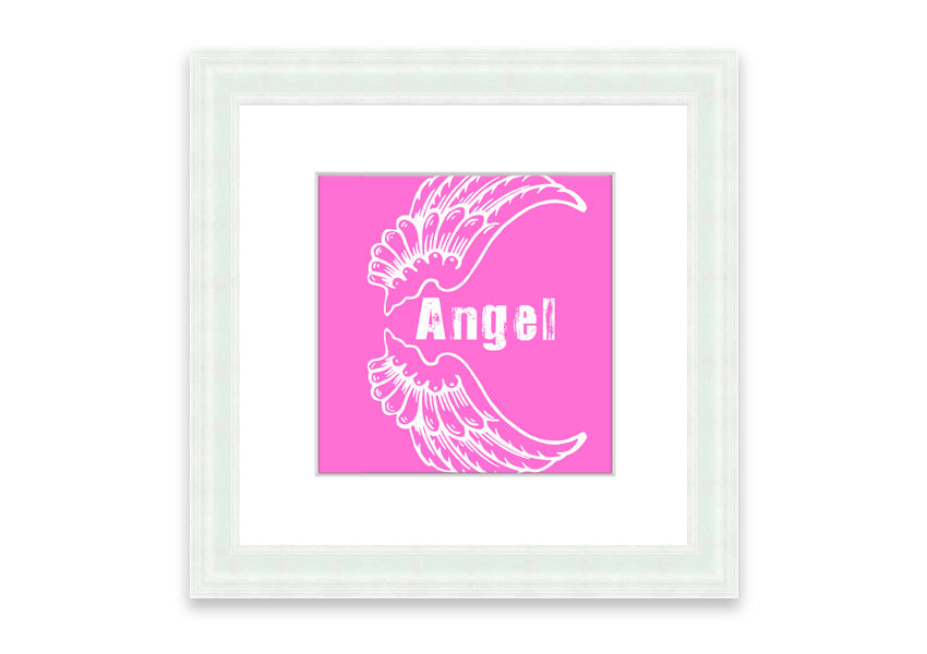 Framed print of Angel Wings in vivid pink, showcasing intricate details and vibrant colors, ready to hang.