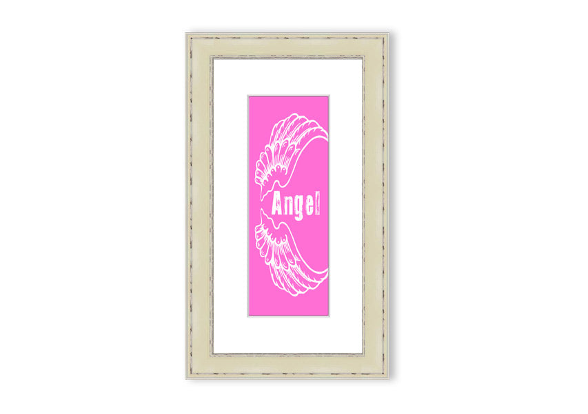 Framed print of Angel Wings in vivid pink, showcasing intricate details and vibrant colors, ready to hang.