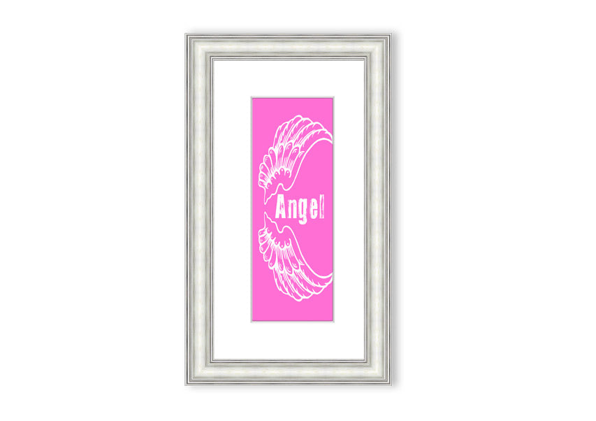 Framed print of Angel Wings in vivid pink, showcasing intricate details and vibrant colors, ready to hang.