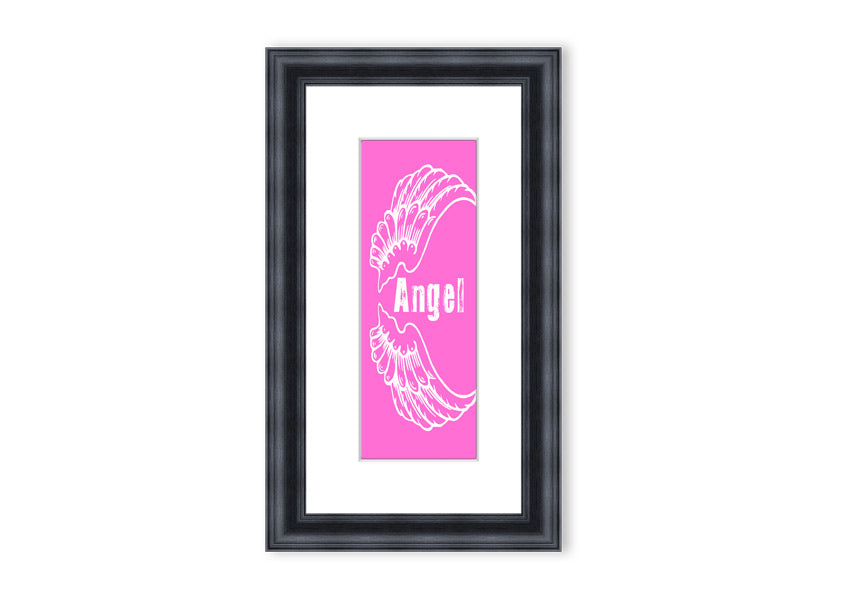 Framed print of Angel Wings in vivid pink, showcasing intricate details and vibrant colors, ready to hang.