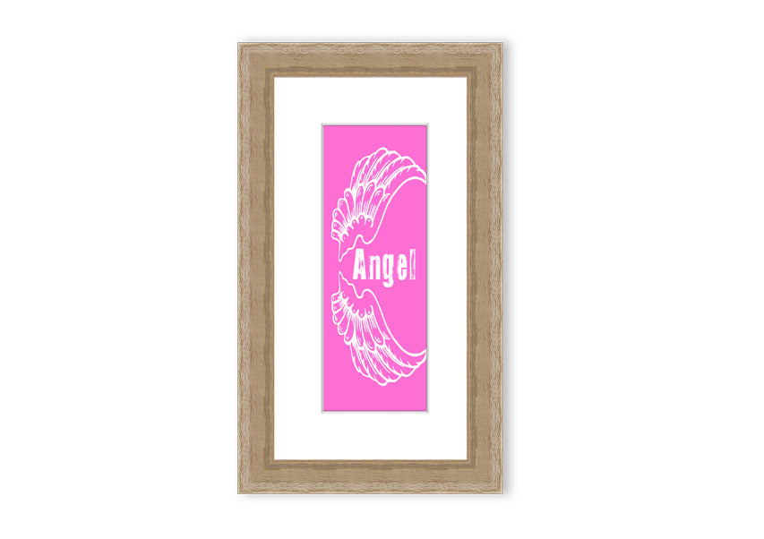 Framed print of Angel Wings in vivid pink, showcasing intricate details and vibrant colors, ready to hang.